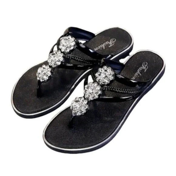Women's (Bling!)-(Rhinestone)-(Flower)-(Flip Flops)-(Black)-(Size:9.5)-(New)-$30 - Picture 5 of 7